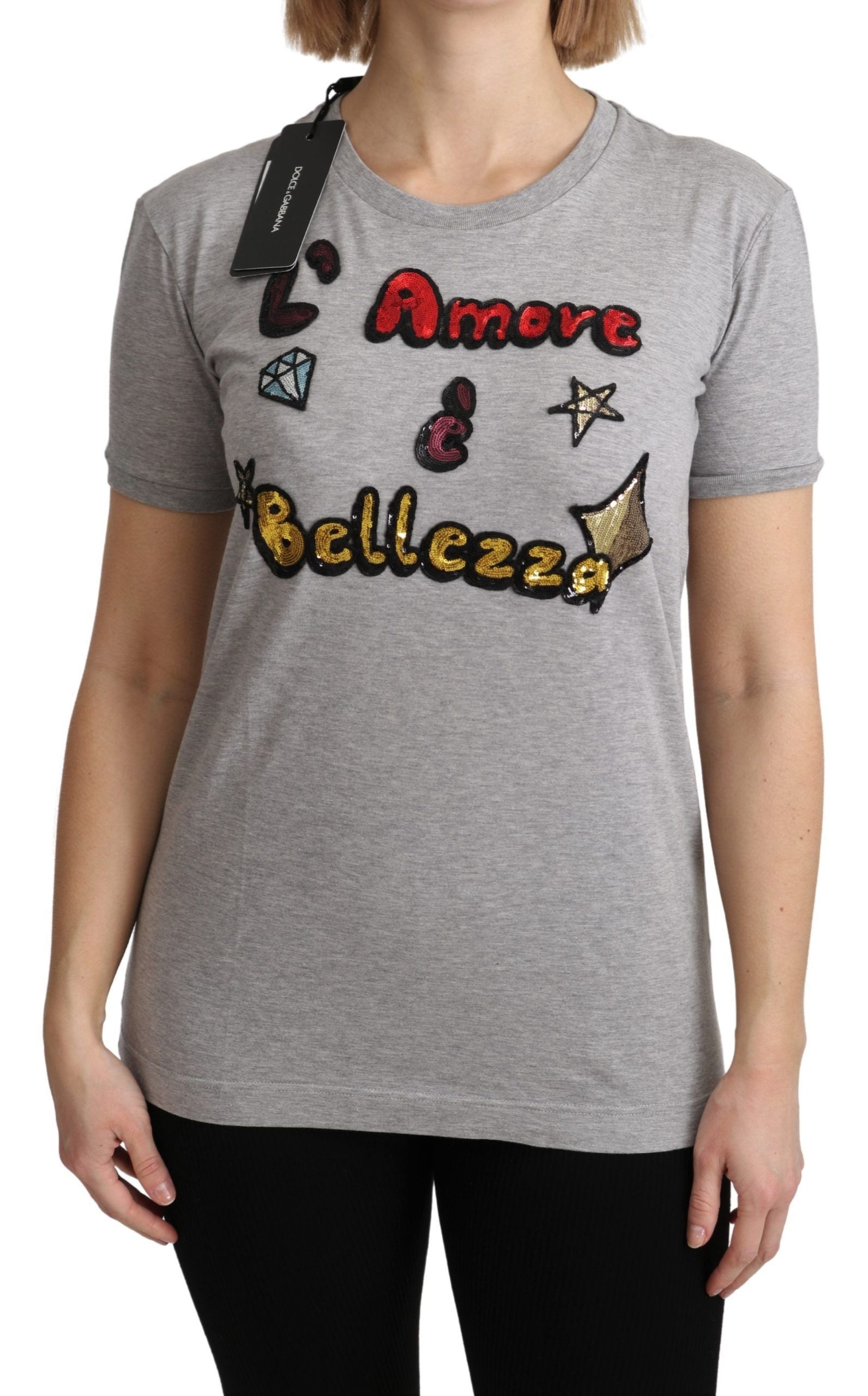 Dolce & Gabbana Gray Cotton Love and Beauty Top T-shirt