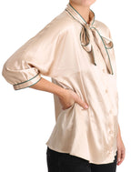 Dolce & Gabbana Beige Ribbon Silk Stretch Top Blouse