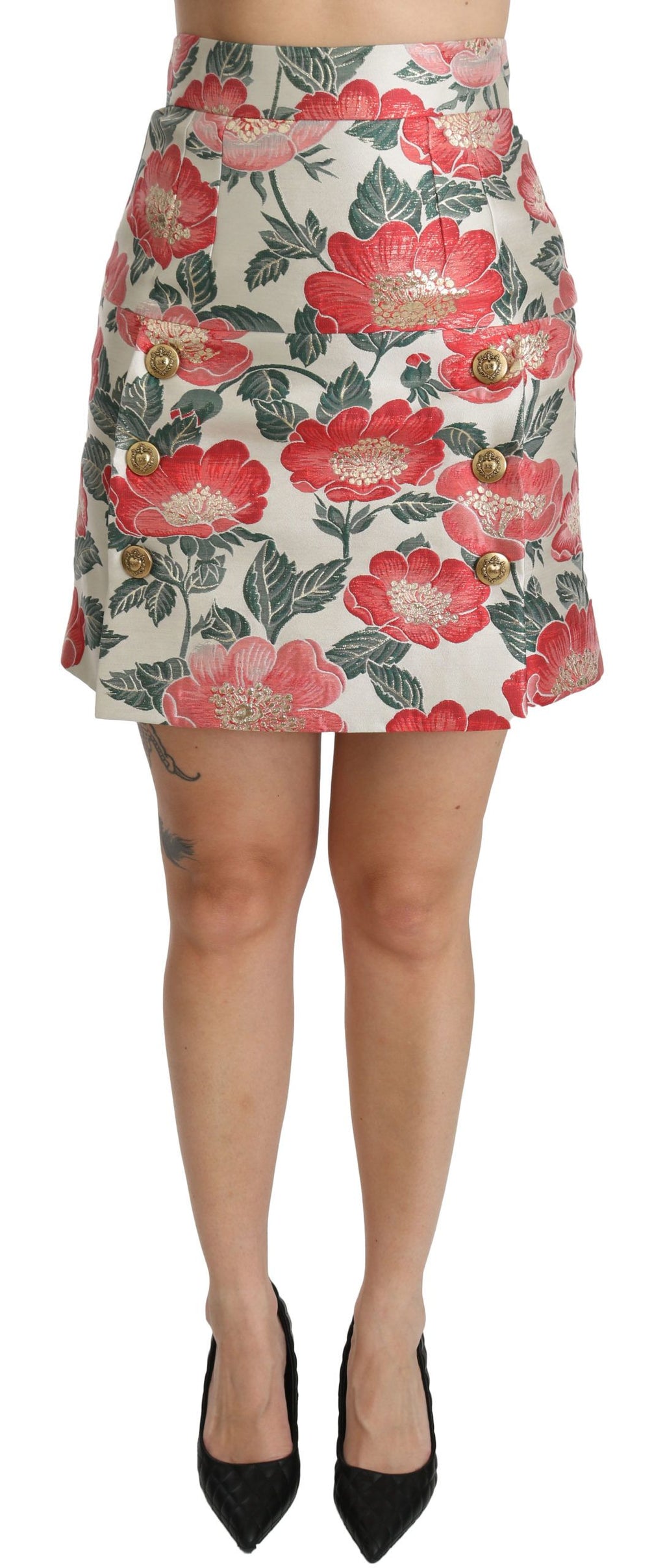 Dolce &amp; Gabbana White Green Red Floral High Waist Mini Skirt