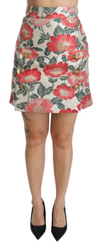 Dolce &amp; Gabbana White Green Red Floral High Waist Mini Skirt