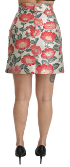 Dolce &amp; Gabbana White Green Red Floral High Waist Mini Skirt