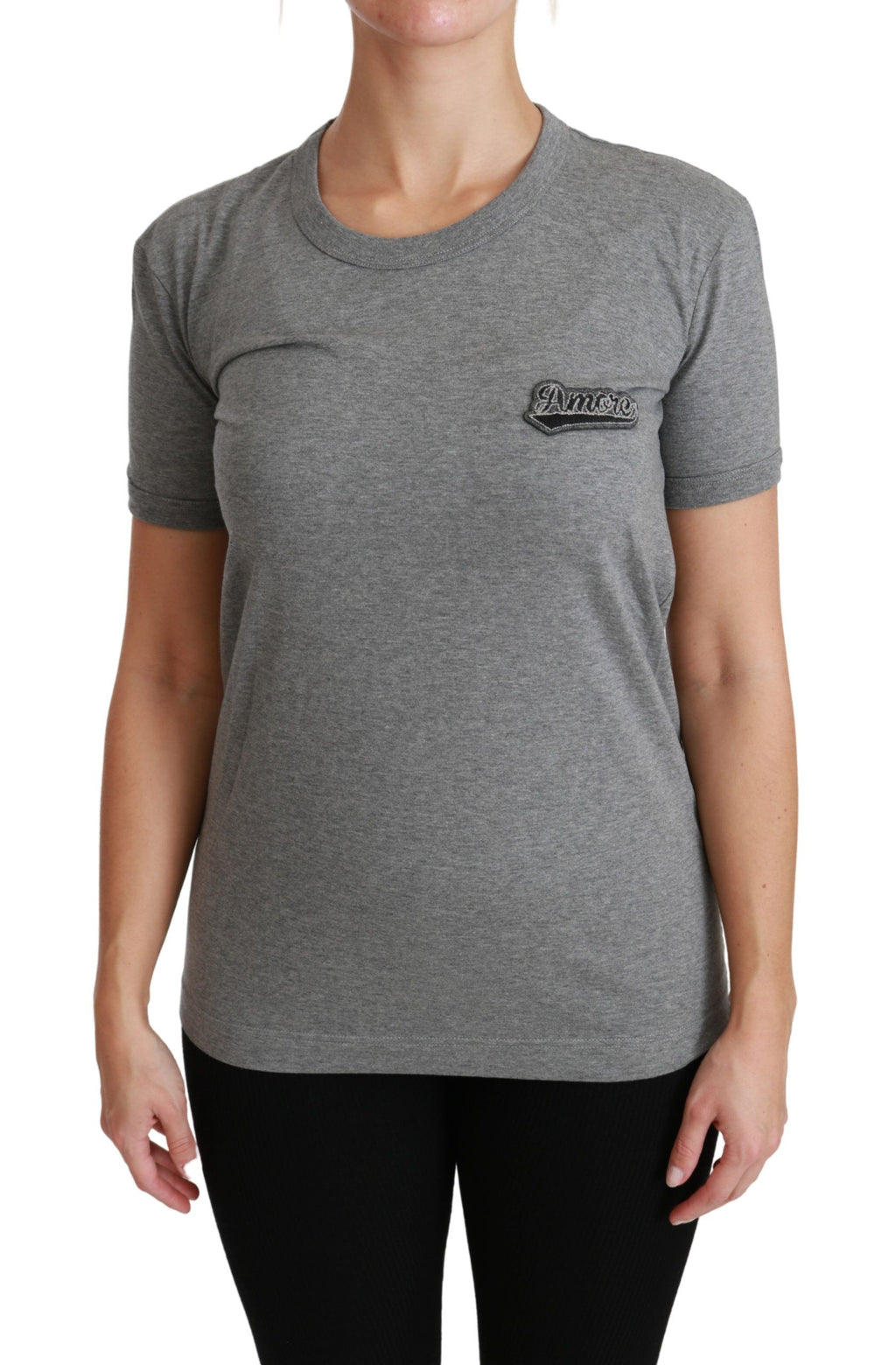 Dolce &amp; Gabbana Gray Crewneck Love Patch Cotton Top T-shirt