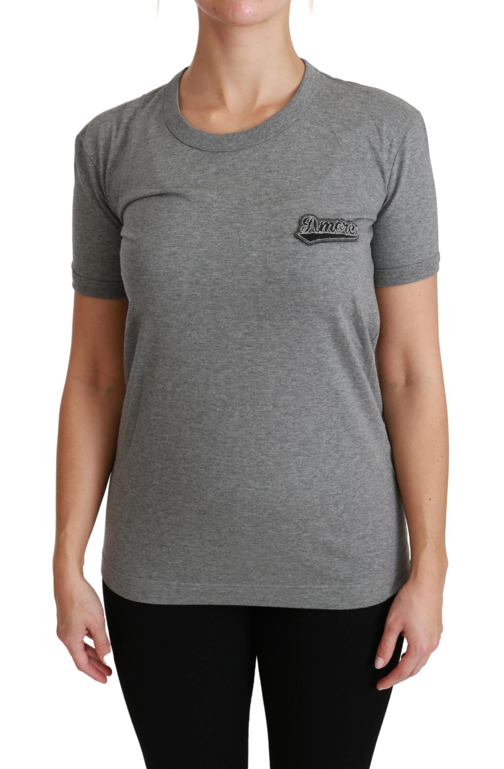Dolce &amp; Gabbana Gray Crewneck Love Patch Cotton Top T-shirt