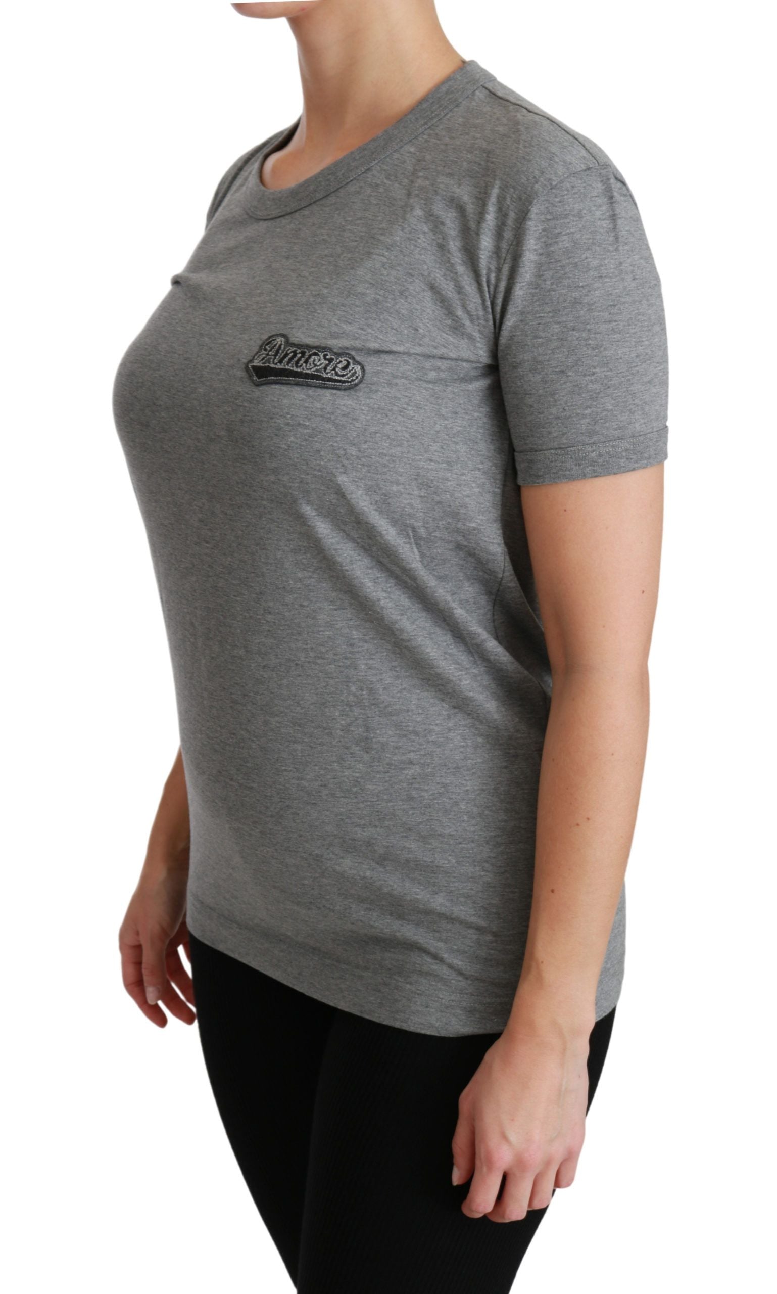 Dolce &amp; Gabbana Gray Crewneck Love Patch Cotton Top T-shirt
