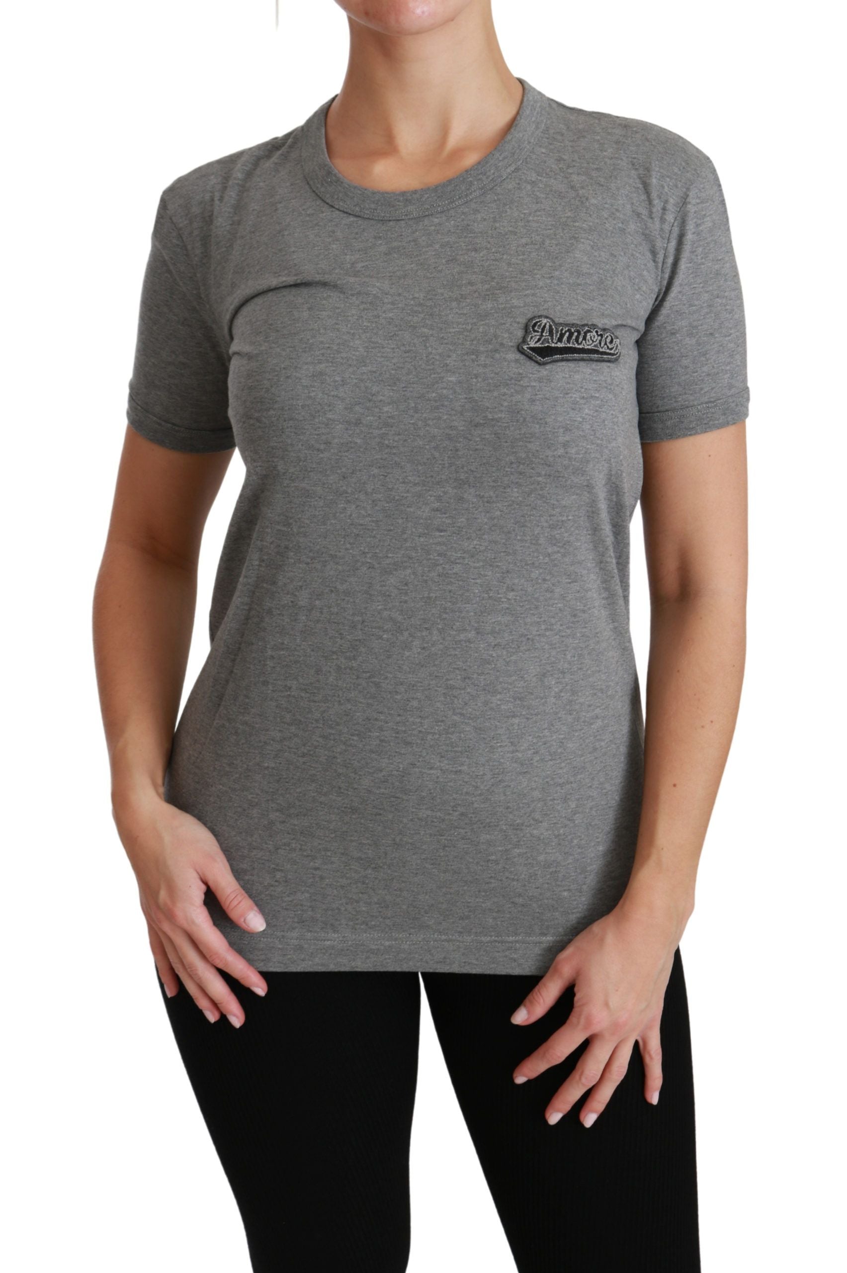 Dolce &amp; Gabbana Gray Crewneck Love Patch Cotton Top T-shirt