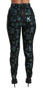 Dolce &amp; Gabbana Blue Green Floral Metallic Slim Pants