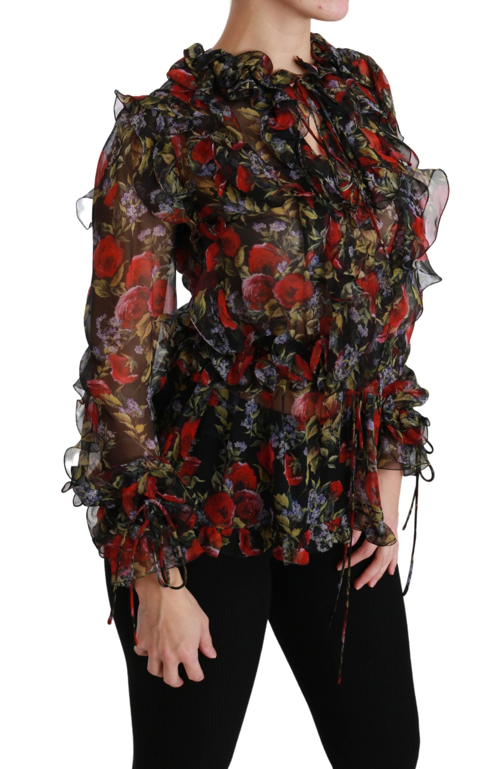 Dolce &amp; Gabbana Black Floral Roses Blouse Silk Top