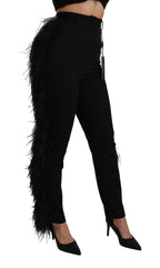 Dolce &amp; Gabbana Black Feather Straight High Waist Wool Pants