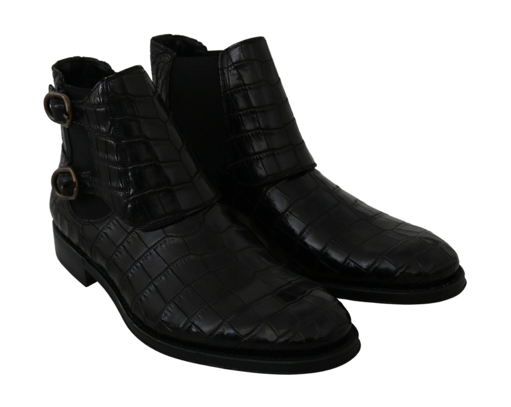 Dolce &amp; Gabbana Black Crocodile Leather Derby Boots Shoes
