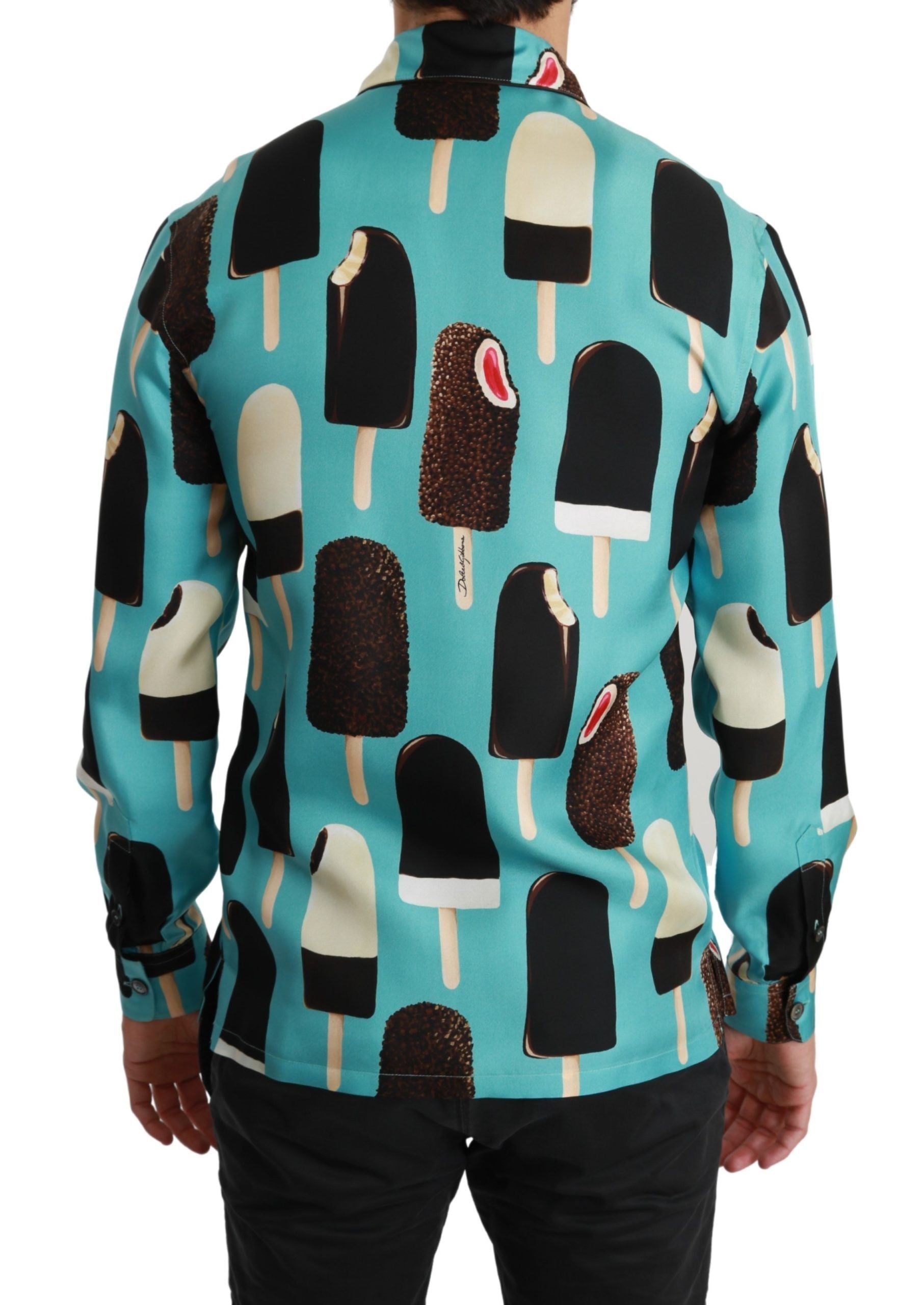 Dolce &amp; Gabbana Blue Silk Ice Cream Print Casual Shirt