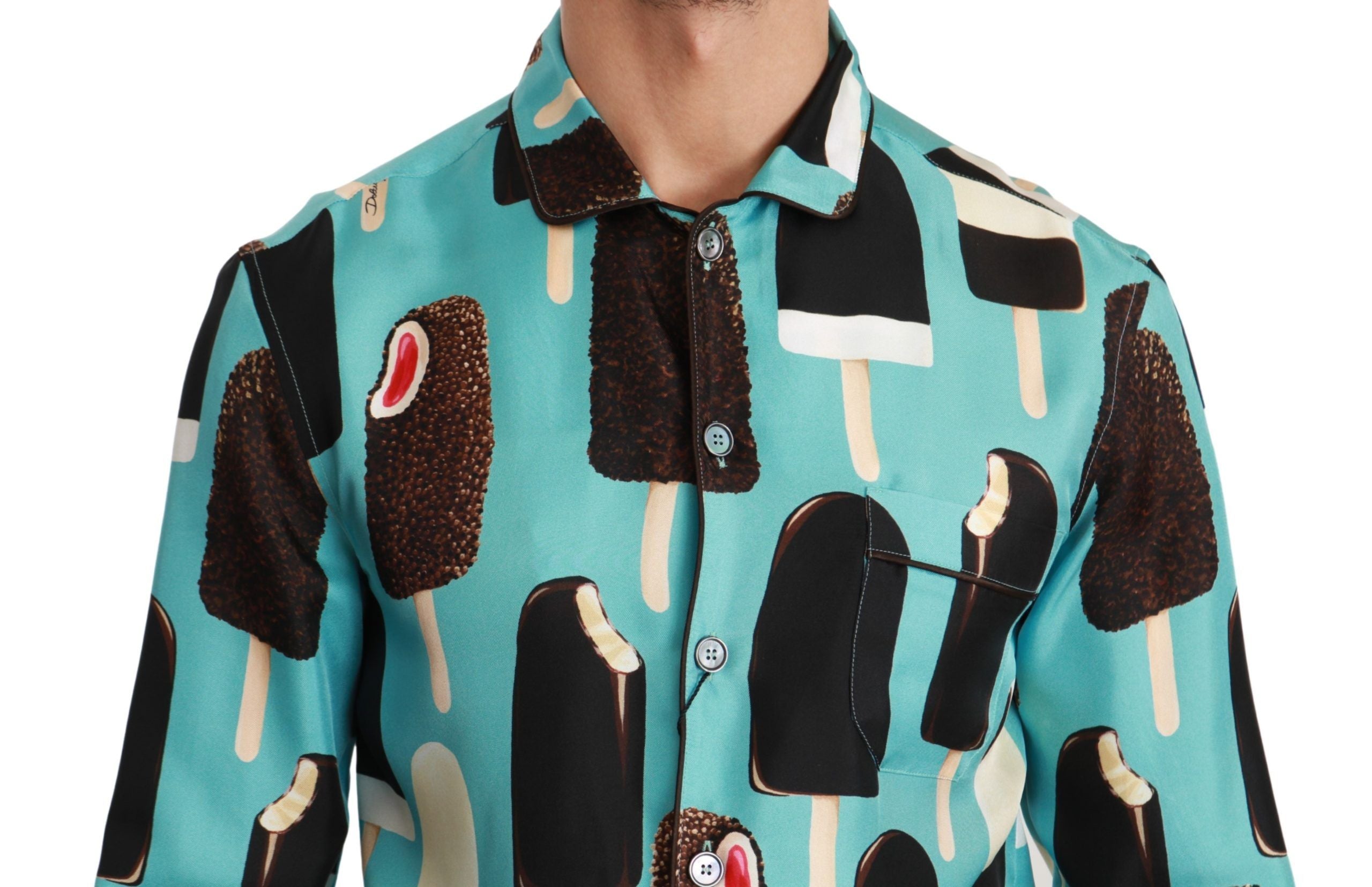 Dolce &amp; Gabbana Blue Silk Ice Cream Print Casual Shirt