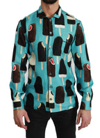 Dolce &amp; Gabbana Blue Silk Ice Cream Print Casual Shirt