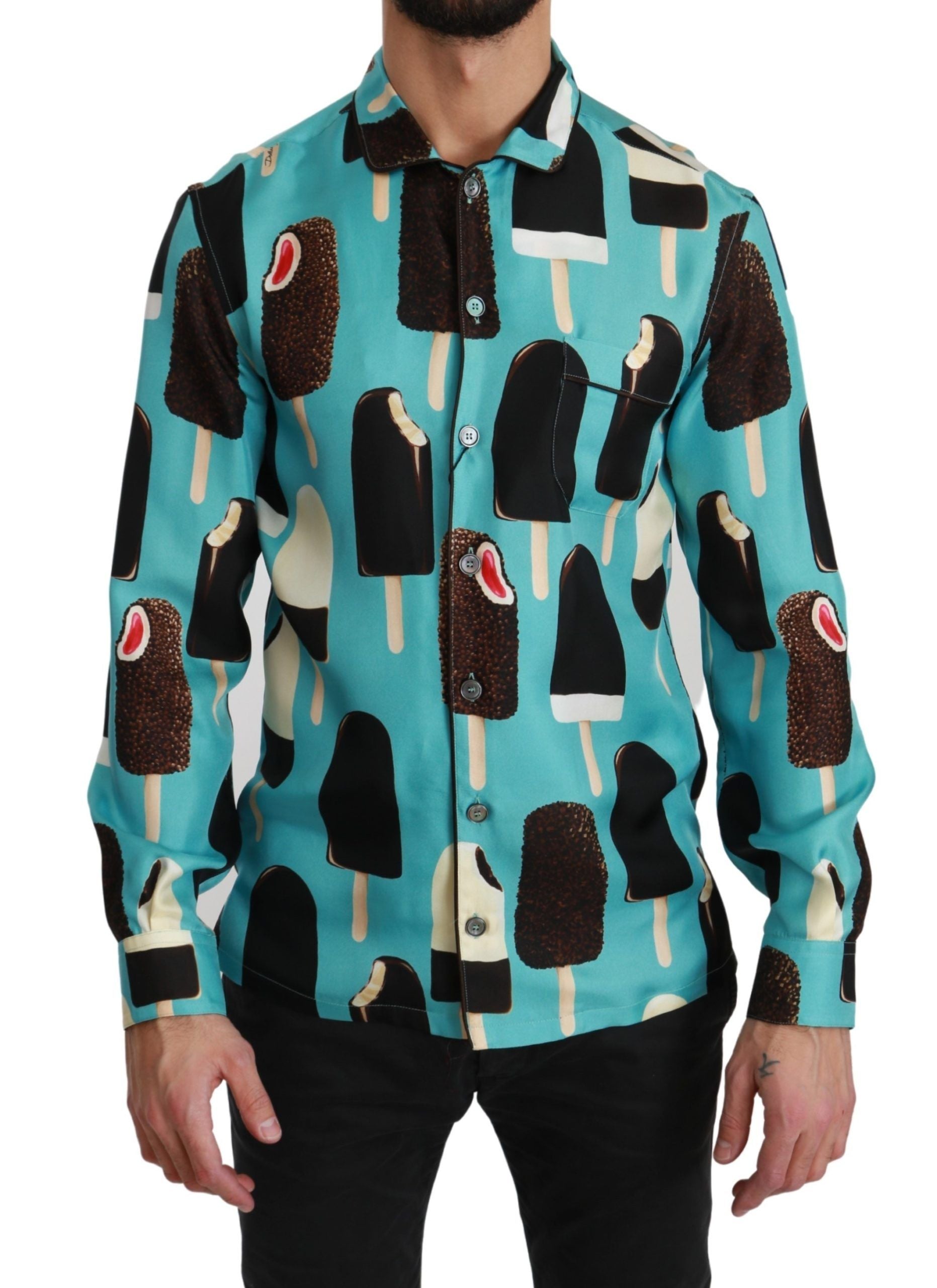 Dolce &amp; Gabbana Blue Silk Ice Cream Print Casual Shirt