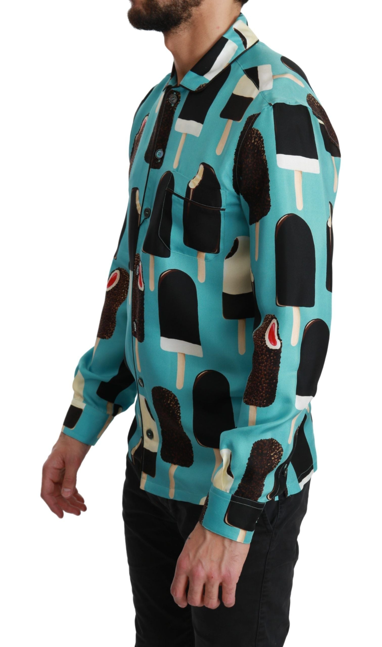 Dolce &amp; Gabbana Blue Silk Ice Cream Print Casual Shirt