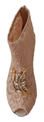 Dolce &amp; Gabbana Pink Crystal Lace Booties Stilettos Shoes
