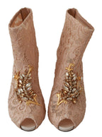 Dolce &amp; Gabbana Pink Crystal Lace Booties Stilettos Shoes
