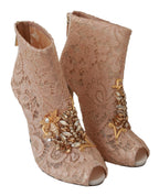 Dolce &amp; Gabbana Pink Crystal Lace Booties Stilettos Shoes
