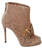 Dolce &amp; Gabbana Pink Crystal Lace Booties Stilettos Shoes