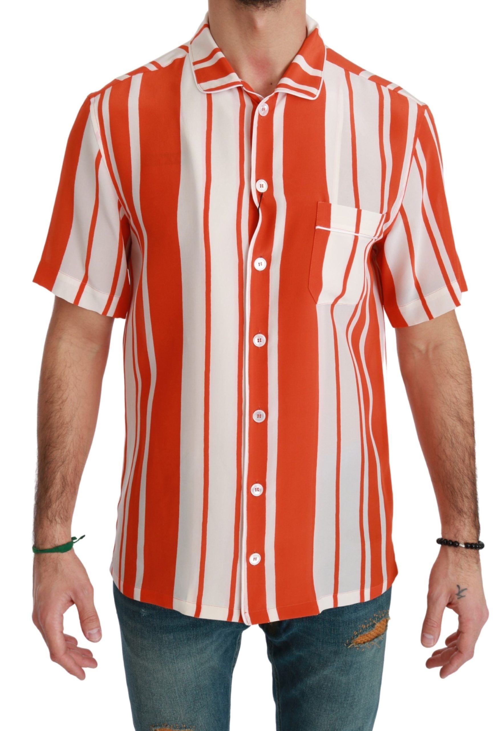 Dolce &amp; Gabbana Orange Silk Striped Short Sleeve White Shirt