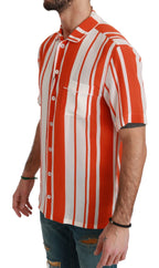 Dolce &amp; Gabbana Orange Silk Striped Short Sleeve White Shirt