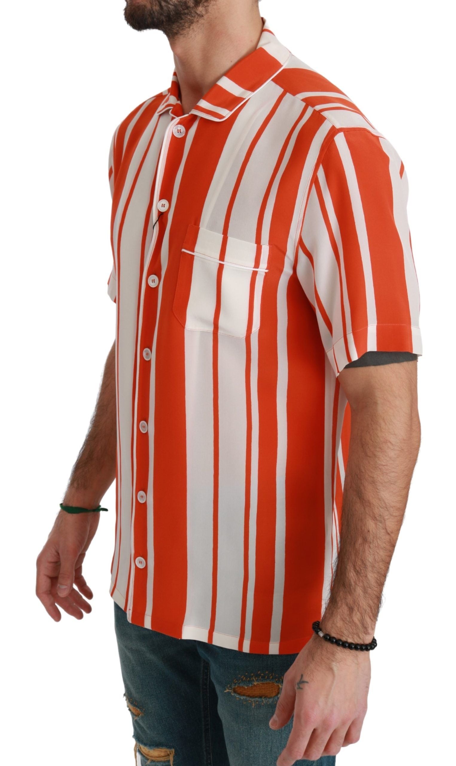 Dolce &amp; Gabbana Orange Silk Striped Short Sleeve White Shirt