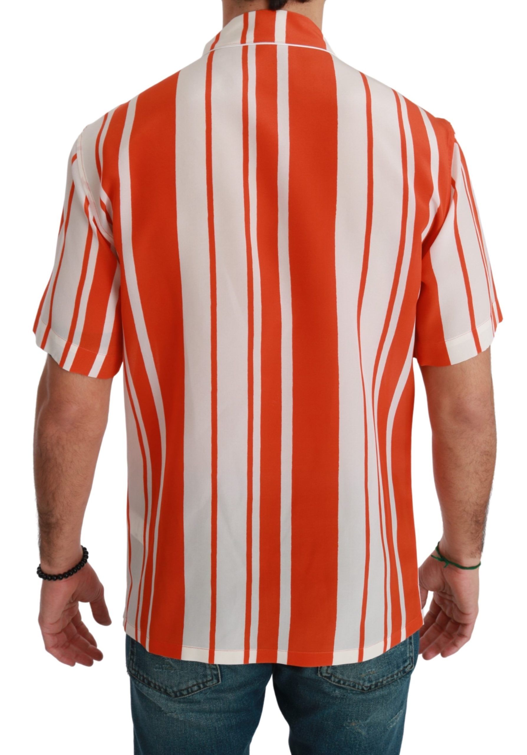 Dolce &amp; Gabbana Orange Silk Striped Short Sleeve White Shirt
