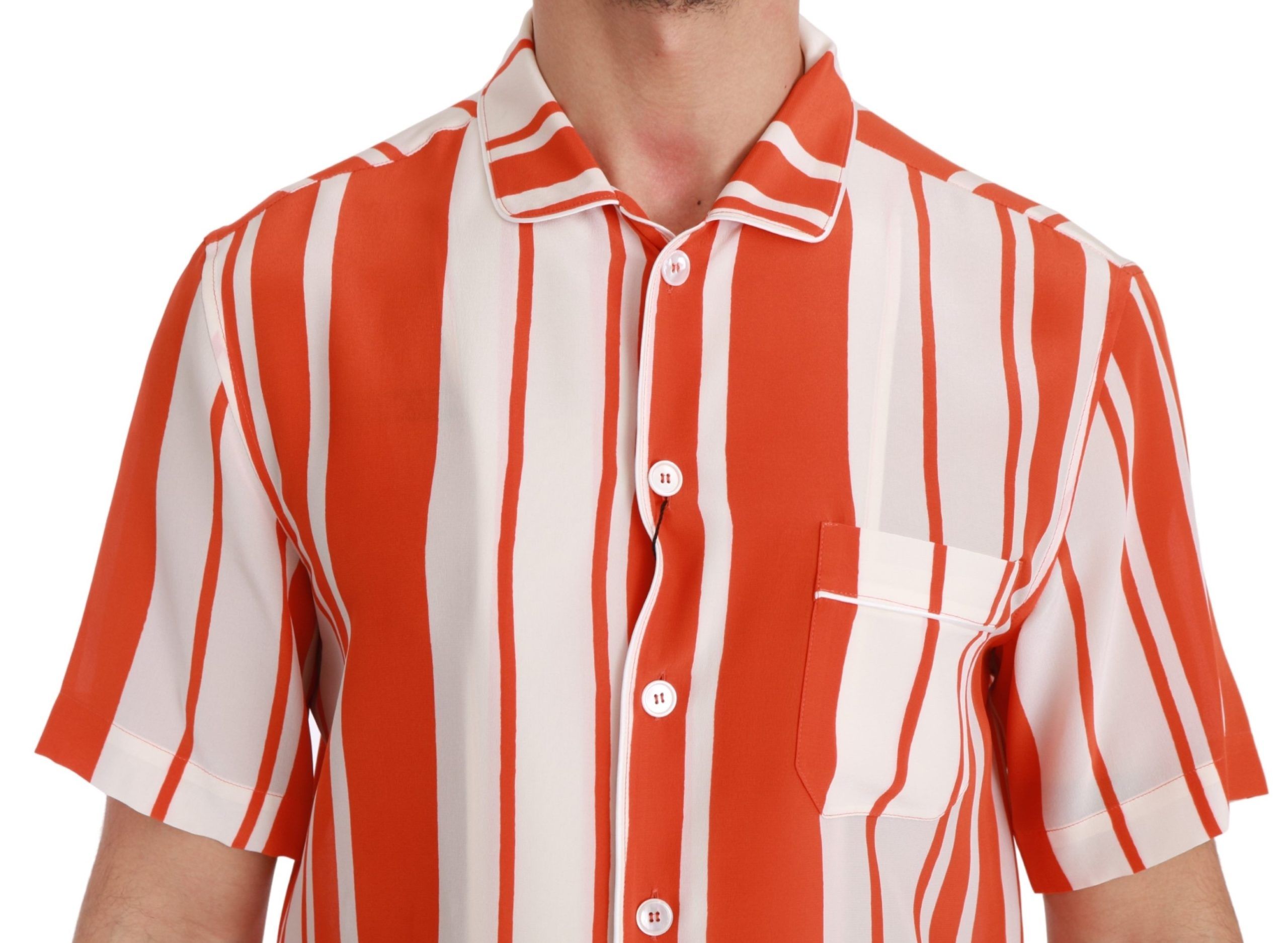 Dolce &amp; Gabbana Orange Silk Striped Short Sleeve White Shirt