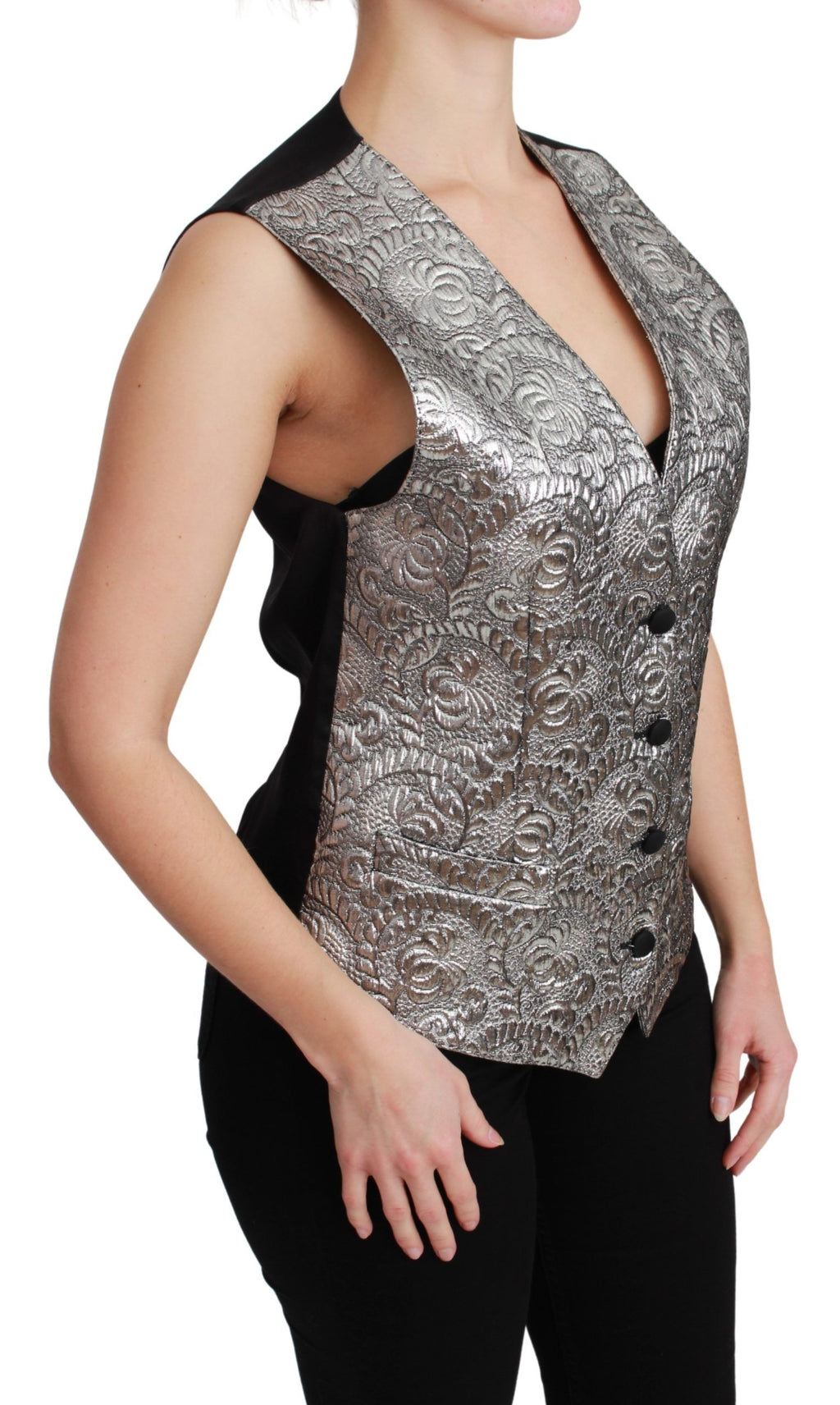 Dolce &amp; Gabbana Silver Brocade Sleeveless Metallic Top