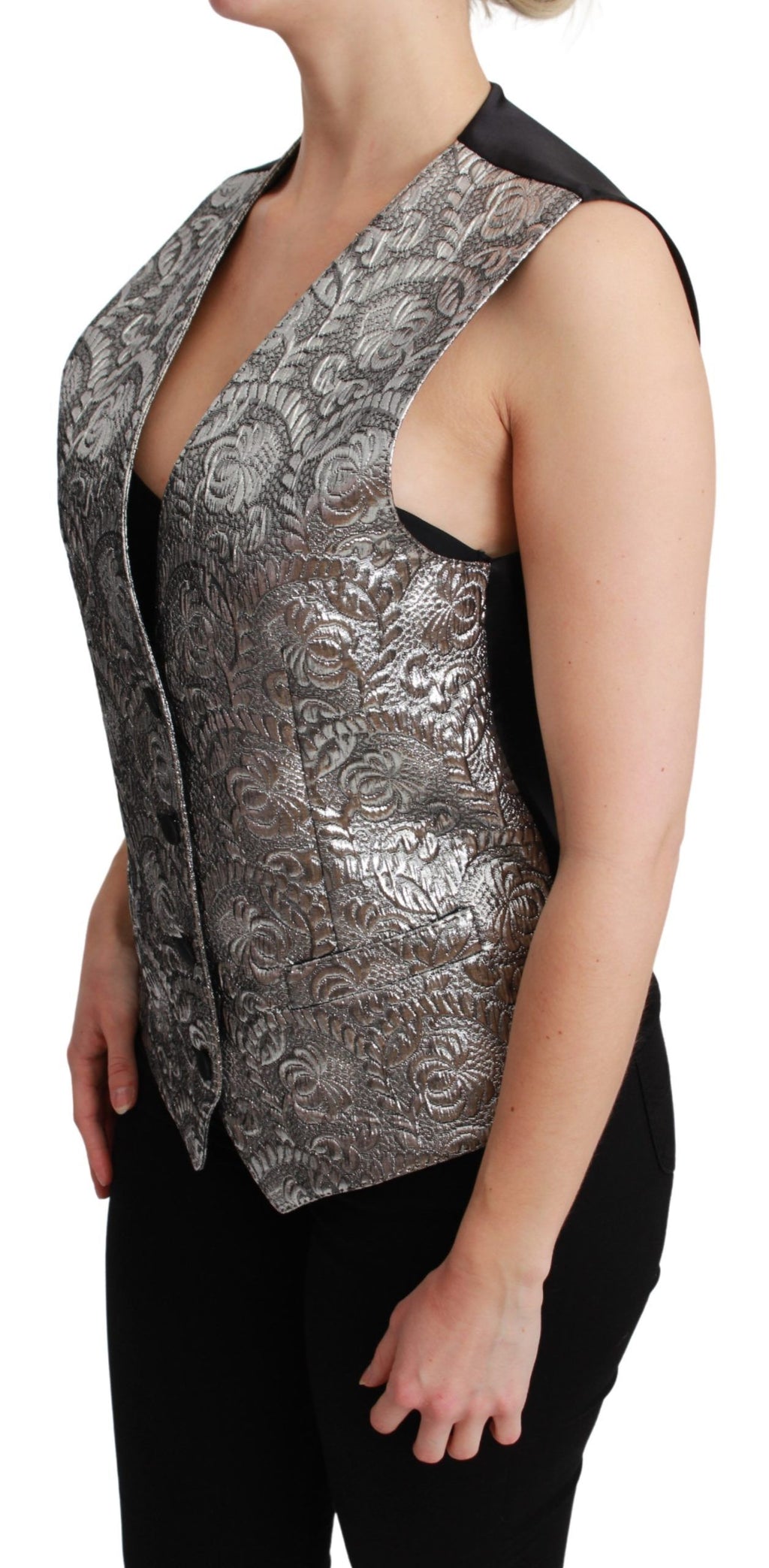Dolce &amp; Gabbana Silver Brocade Sleeveless Metallic Top