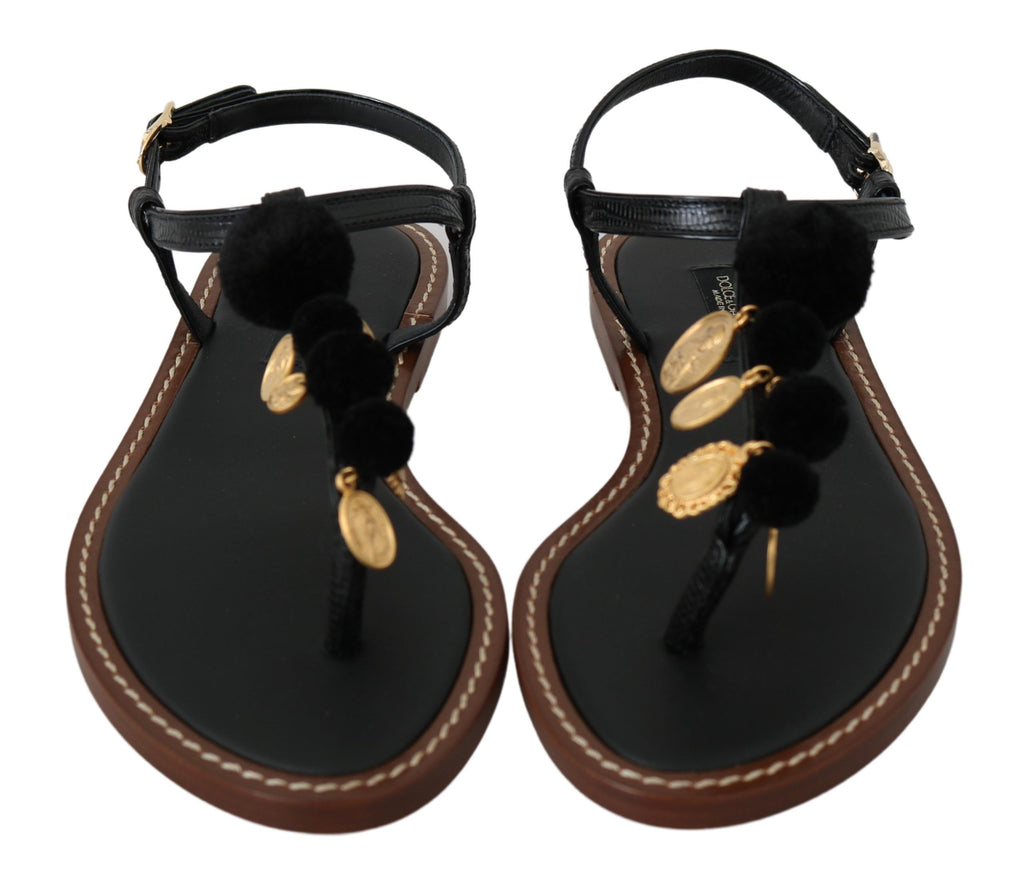 Dolce &amp; Gabbana Black Leather Coins Flip Flops Sandals Shoes