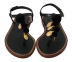 Dolce &amp; Gabbana Black Leather Coins Flip Flops Sandals Shoes