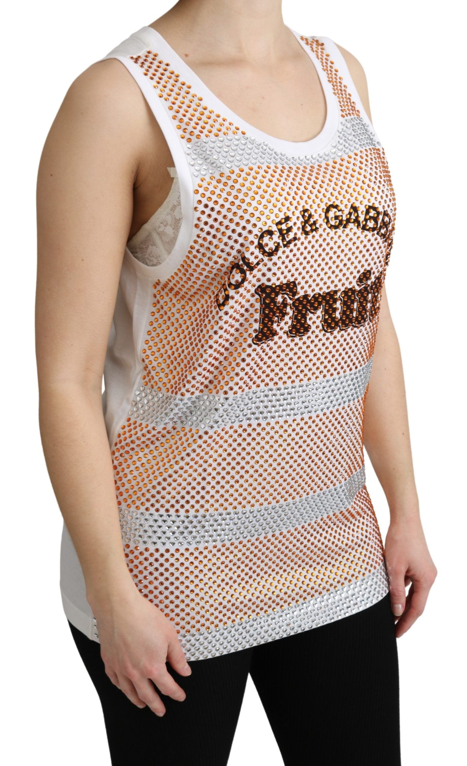 Dolce &amp; Gabbana White Orange Crystal Sleeveless Tank Cotton Top
