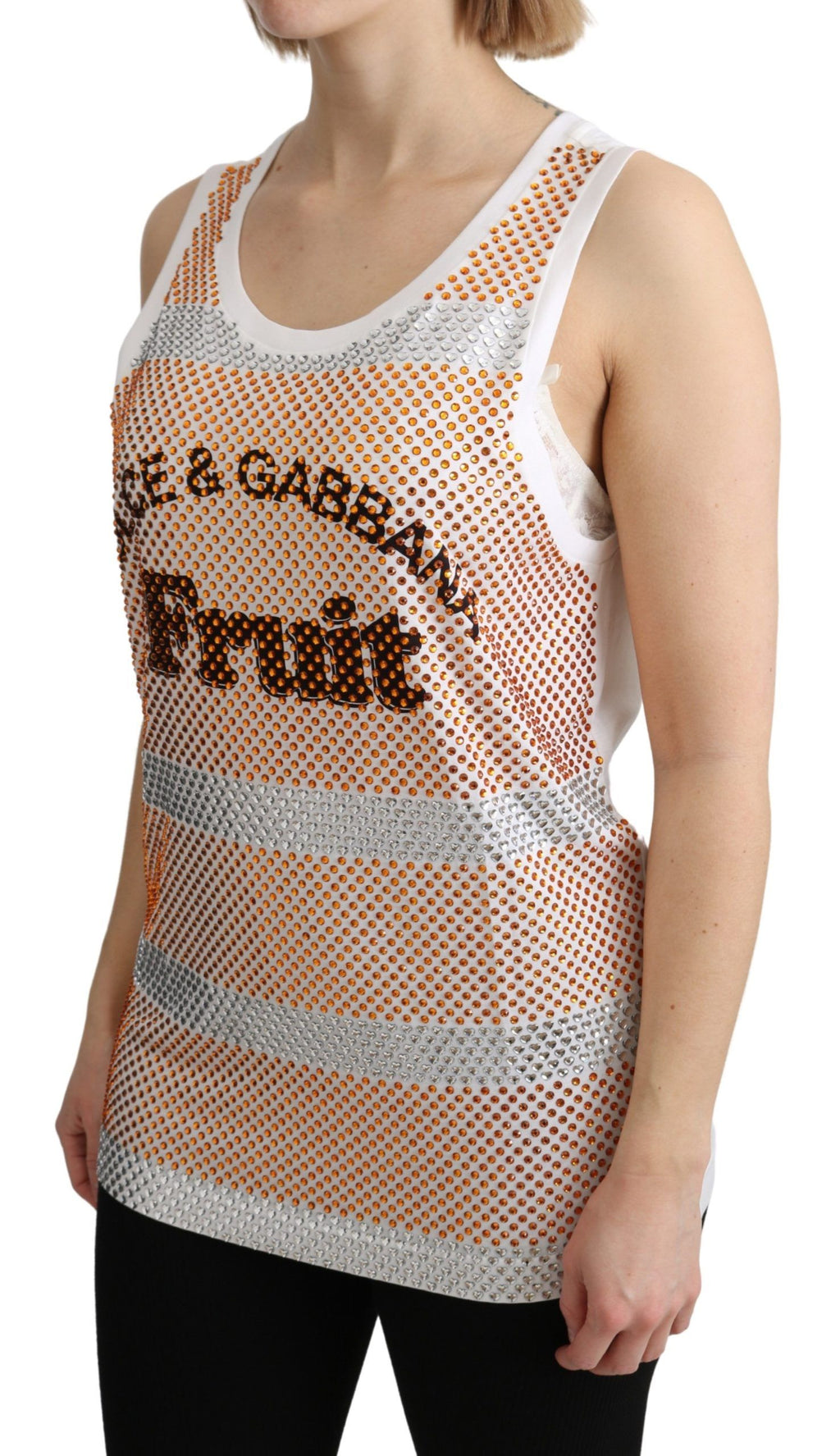 Dolce &amp; Gabbana White Orange Crystal Sleeveless Tank Cotton Top