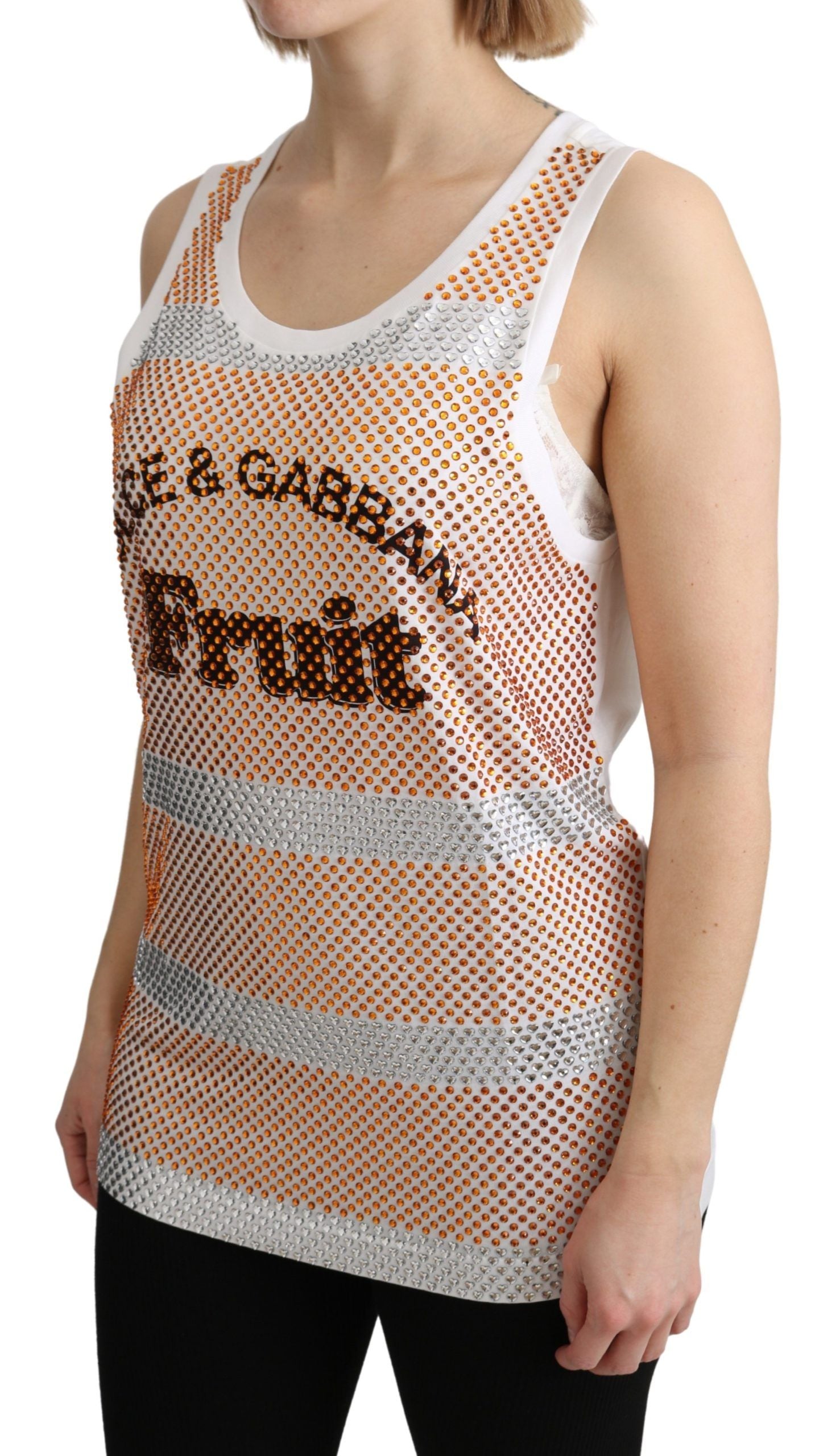 Dolce &amp; Gabbana White Orange Crystal Sleeveless Tank Cotton Top