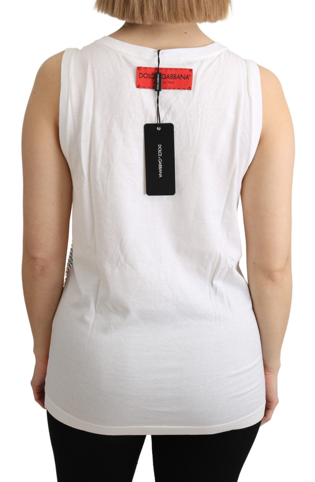 Dolce &amp; Gabbana White Orange Crystal Sleeveless Tank Cotton Top