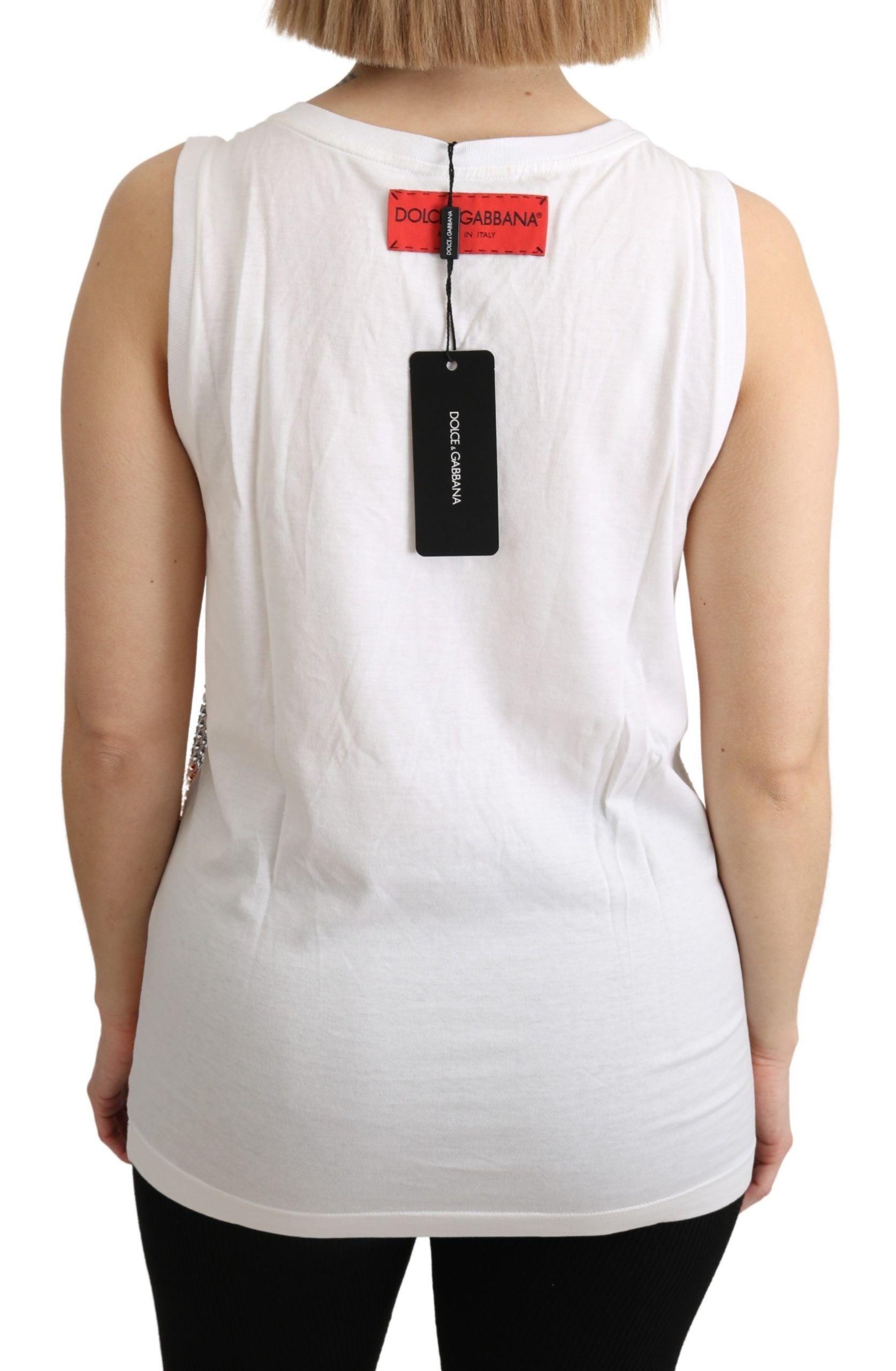 Dolce &amp; Gabbana White Orange Crystal Sleeveless Tank Cotton Top