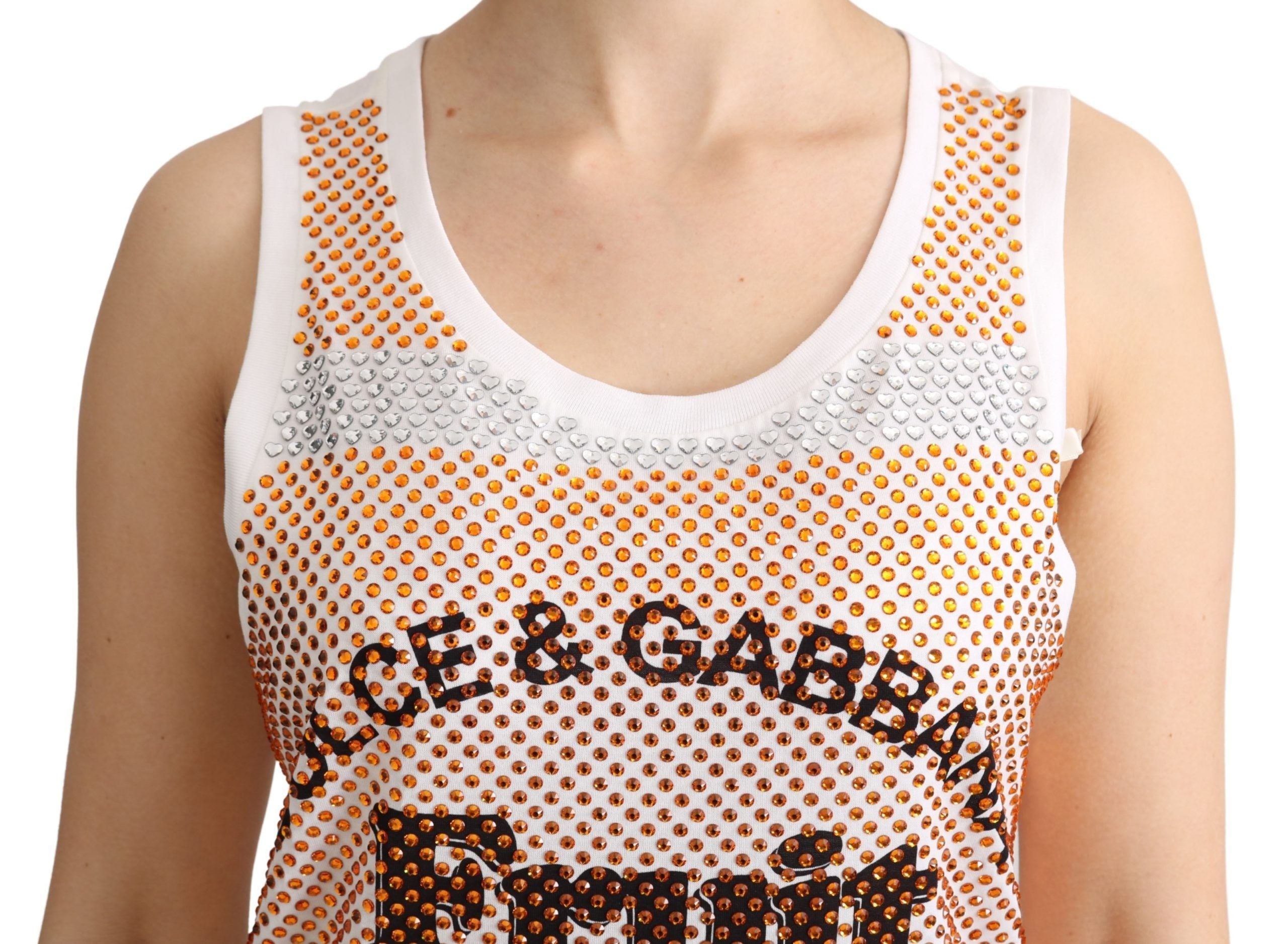 Dolce &amp; Gabbana White Orange Crystal Sleeveless Tank Cotton Top