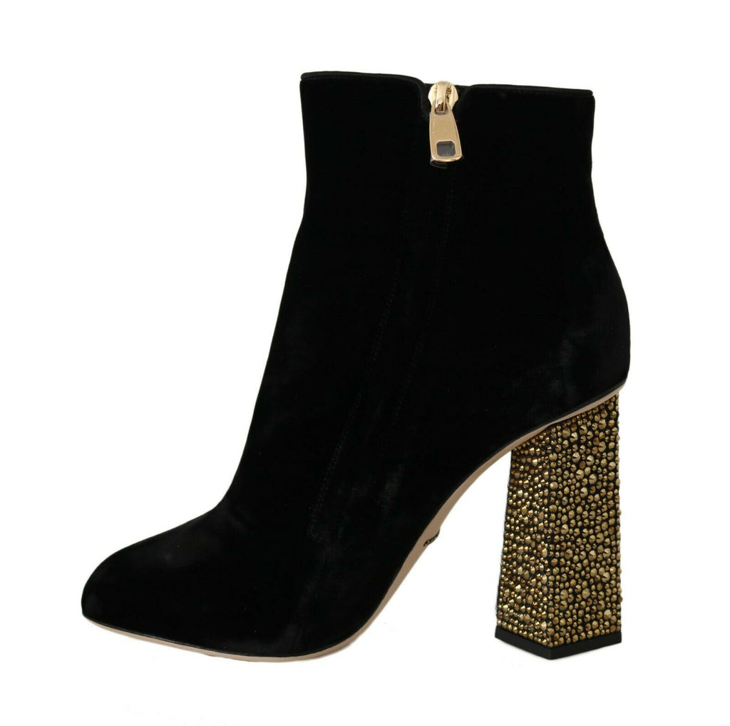 Dolce &amp; Gabbana Black Velvet Crystal Square Heels Shoes