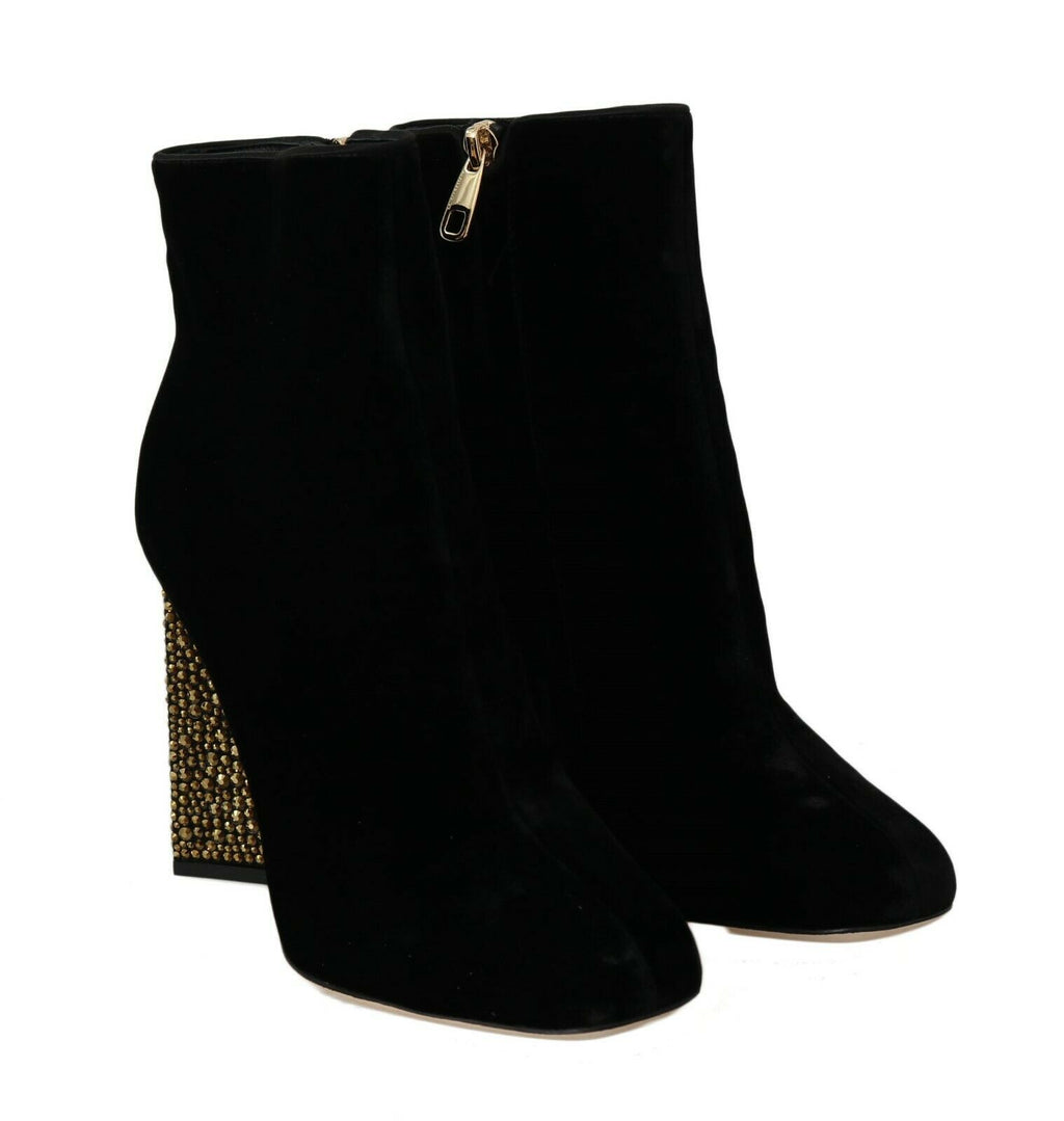 Dolce &amp; Gabbana Black Velvet Crystal Square Heels Shoes