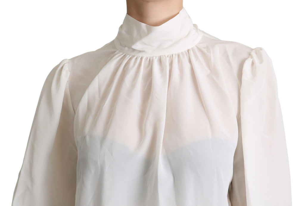 Dolce &amp; Gabbana White Silk Pussy Bow Long Sleeved Top Blouse