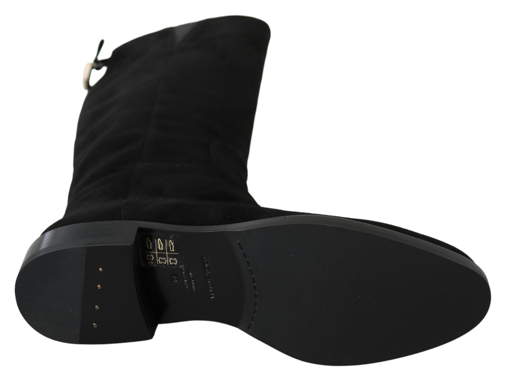 Dolce &amp; Gabbana Black Suede Knee High Flat Boots Shoes