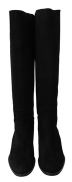 Dolce &amp; Gabbana Black Suede Knee High Flat Boots Shoes
