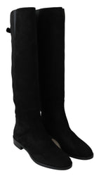Dolce &amp; Gabbana Black Suede Knee High Flat Boots Shoes