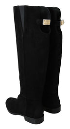 Dolce &amp; Gabbana Black Suede Knee High Flat Boots Shoes