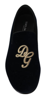 Dolce &amp; Gabbana Blue Velvet Gold Logo Slipper Loafers Shoes