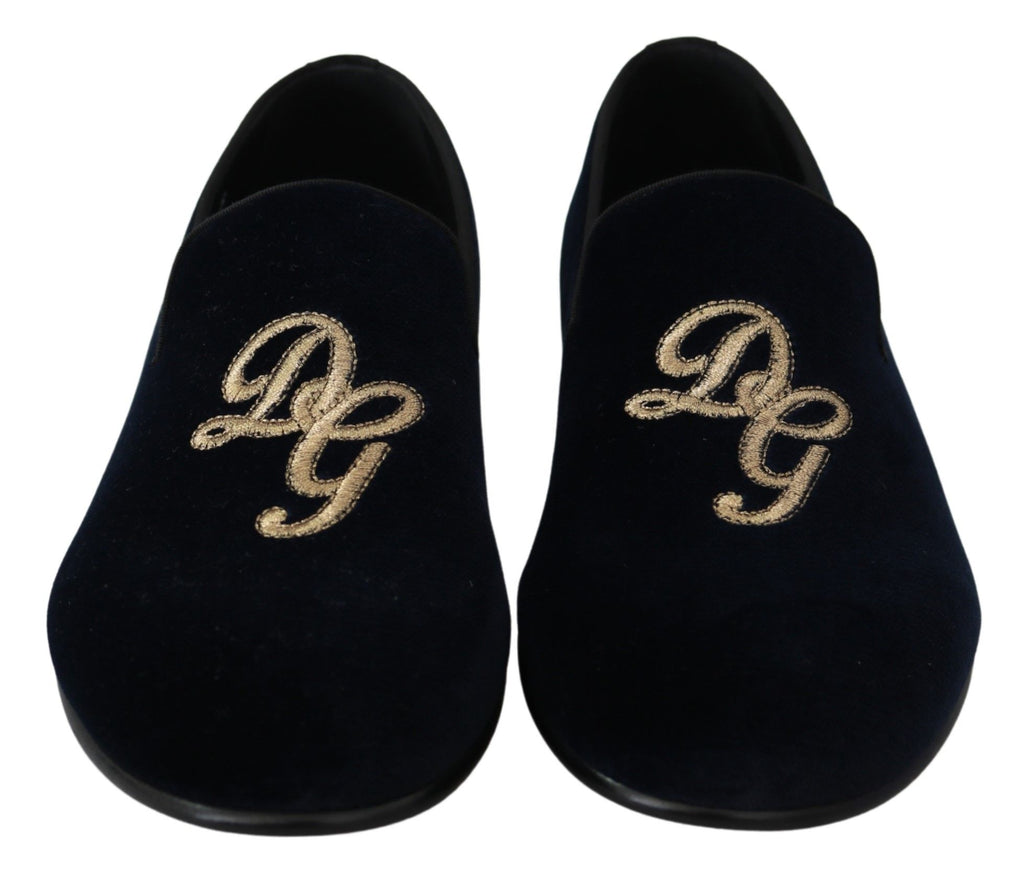 Dolce &amp; Gabbana Blue Velvet Gold Logo Slipper Loafers Shoes