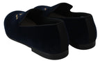 Dolce &amp; Gabbana Blue Velvet Gold Logo Slipper Loafers Shoes