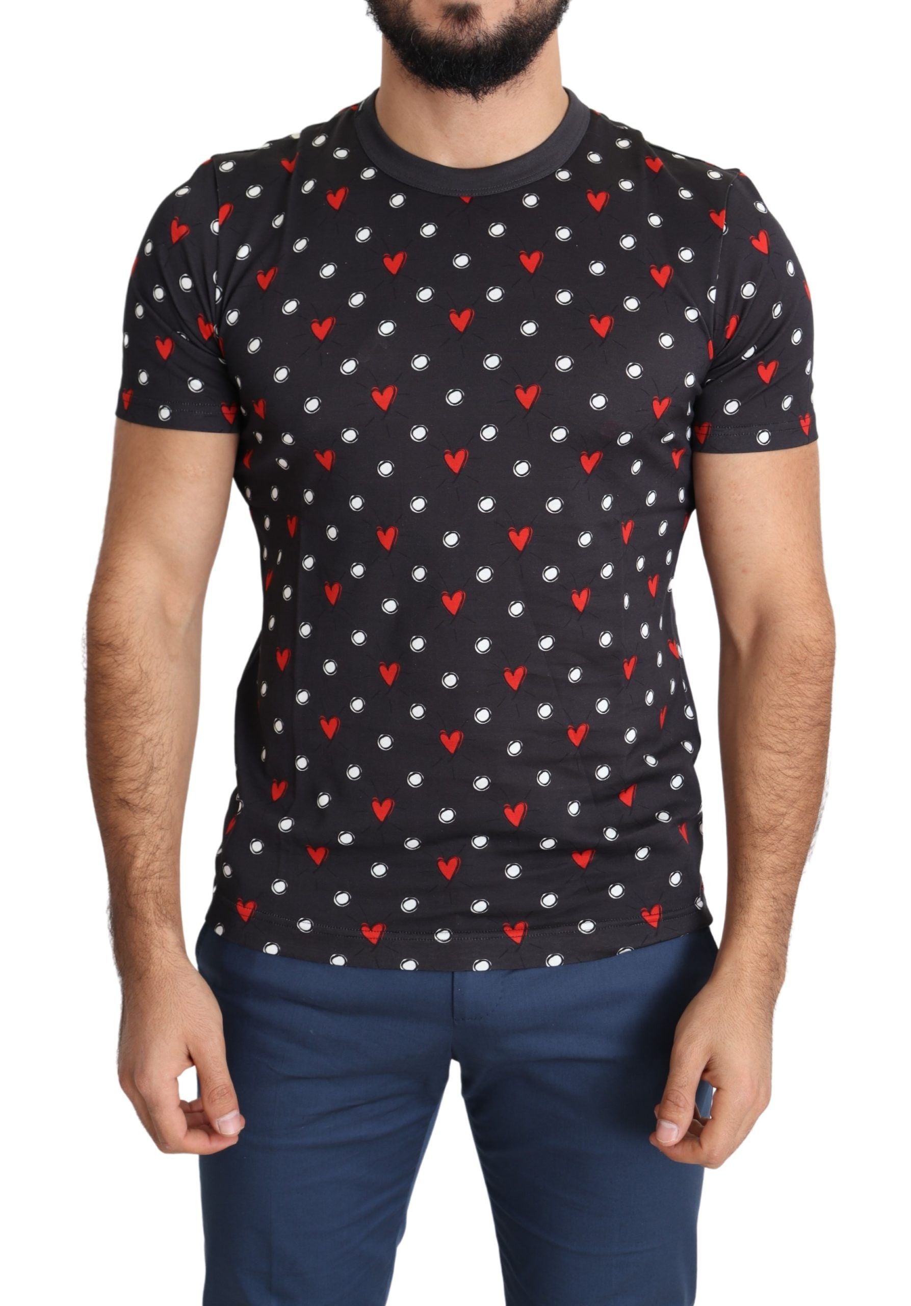 Dolce &amp; Gabbana Dark Gray Hearts Print Cotton Men T-shirt