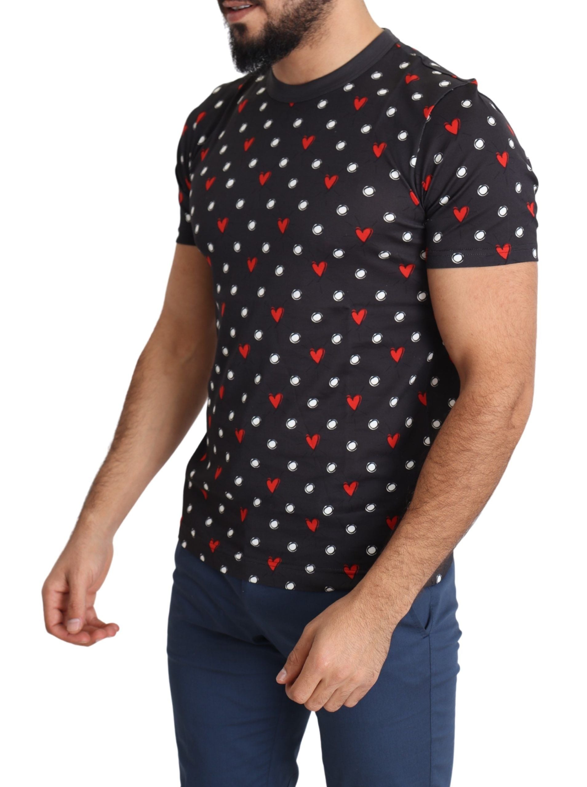 Dolce &amp; Gabbana Dark Gray Hearts Print Cotton Men T-shirt