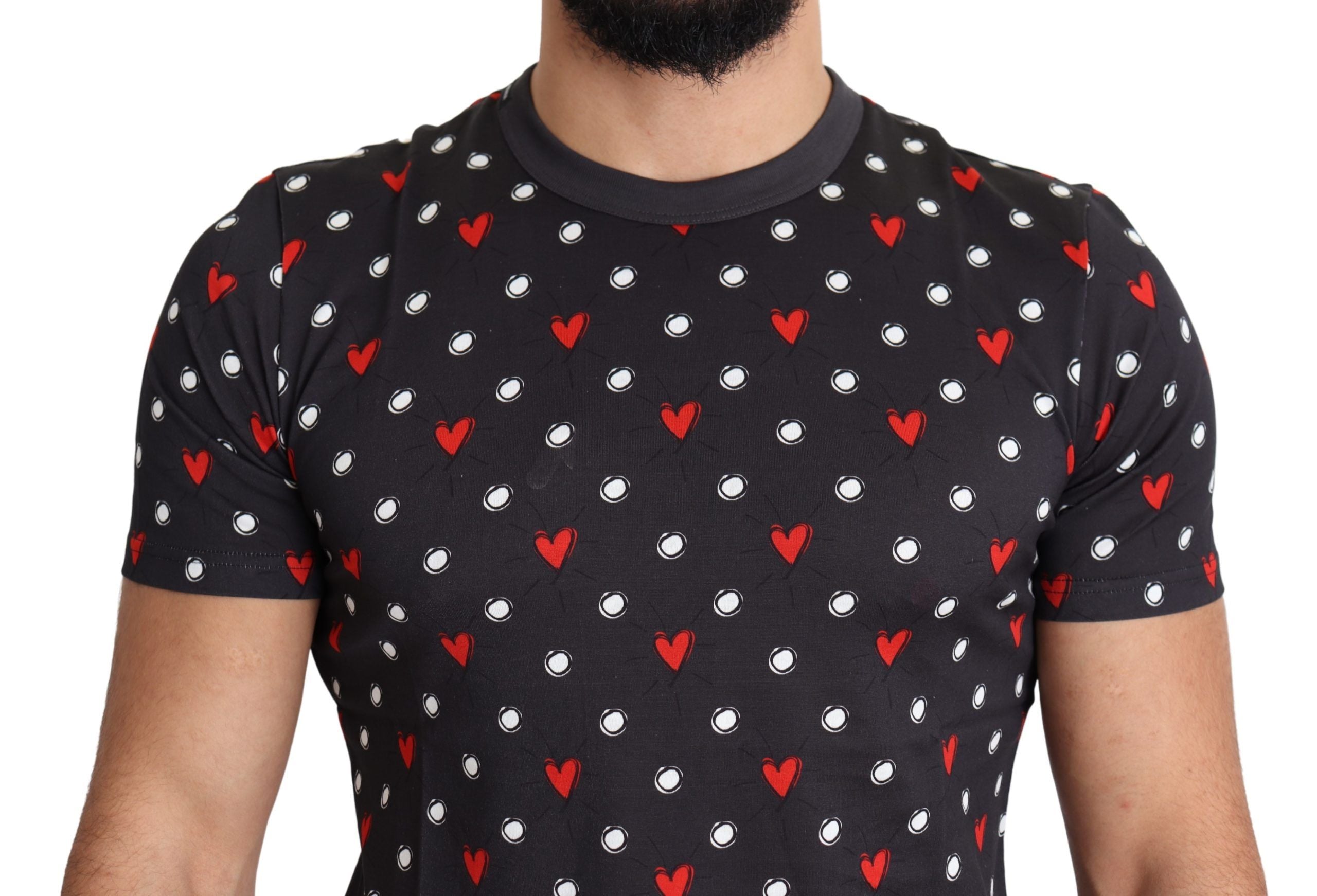 Dolce &amp; Gabbana Dark Gray Hearts Print Cotton Men T-shirt